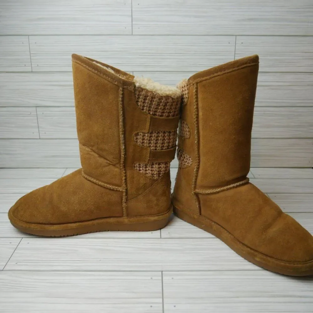 Bearpaw BOSHIE Youth Size 4 Tan Suede Wool Blend Sherpa Lined Mid Calf Boots